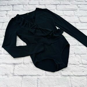 J. Crew Ruffle Front Wrap Bodysuit XXS Black Long Sleeve